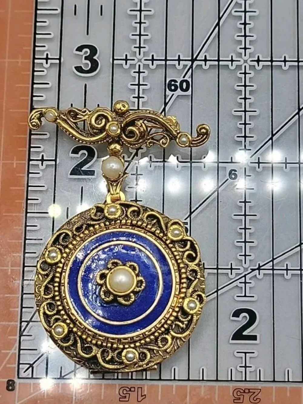 Vintage Victorian Revival Blue Enamel Faux Pearl Dangling Photo Locket brooch